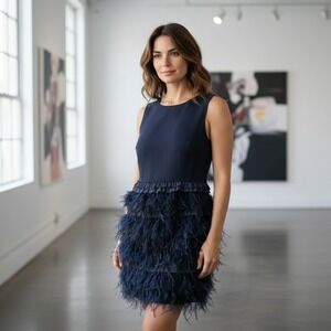 Gianni Bini Womens Dress Sz 12 Navy Blue Feather Trim Sleeveless Glam Evening